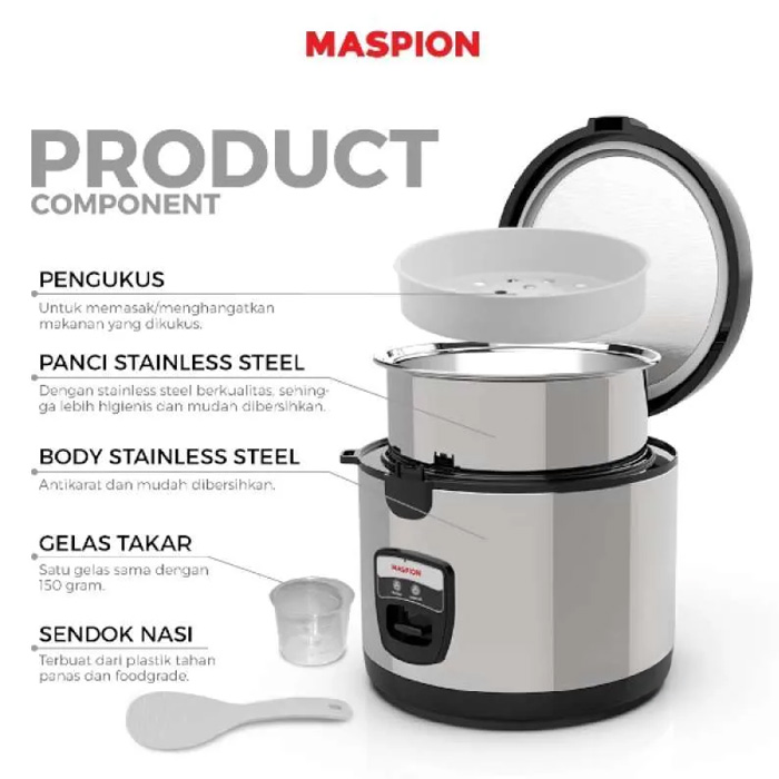Maspion Rice Cooker 3 in 1 Stainles Steel Silver 1,8 L - MRJ1856BSSN | MRJ1856 BSSN